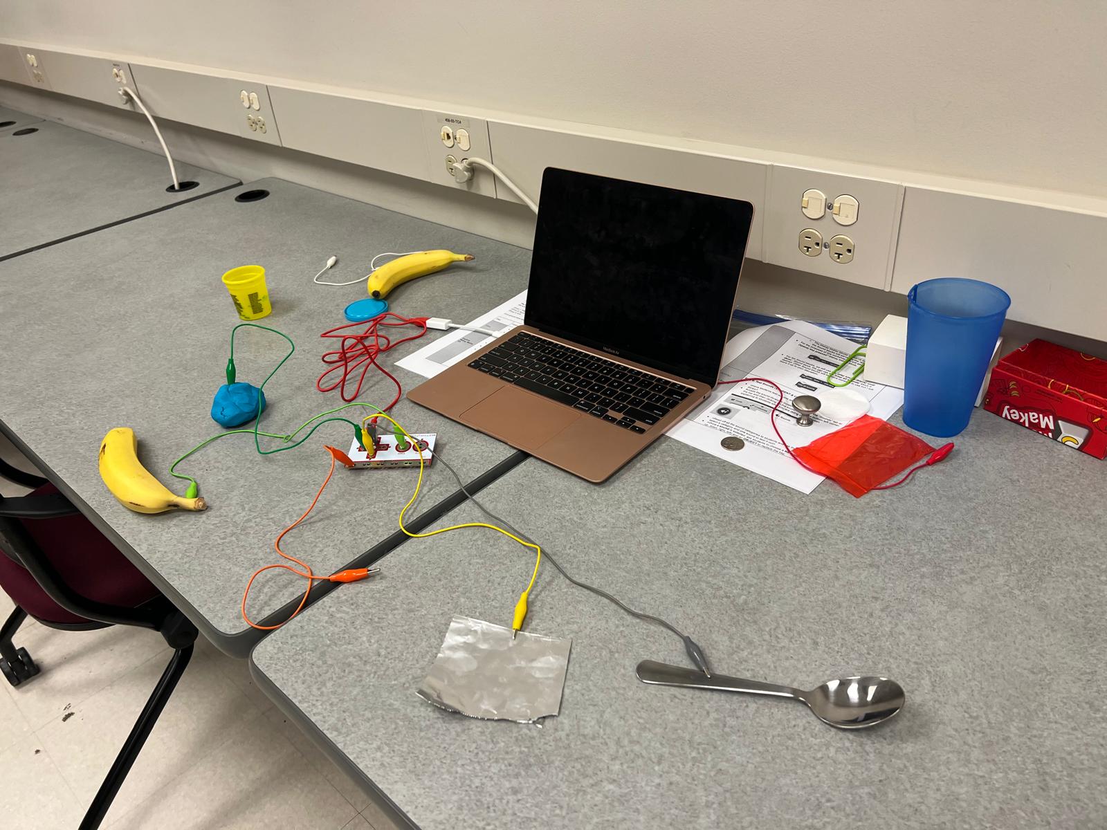 A laptop, a MakeyMakey kit, and conductive objects on a table